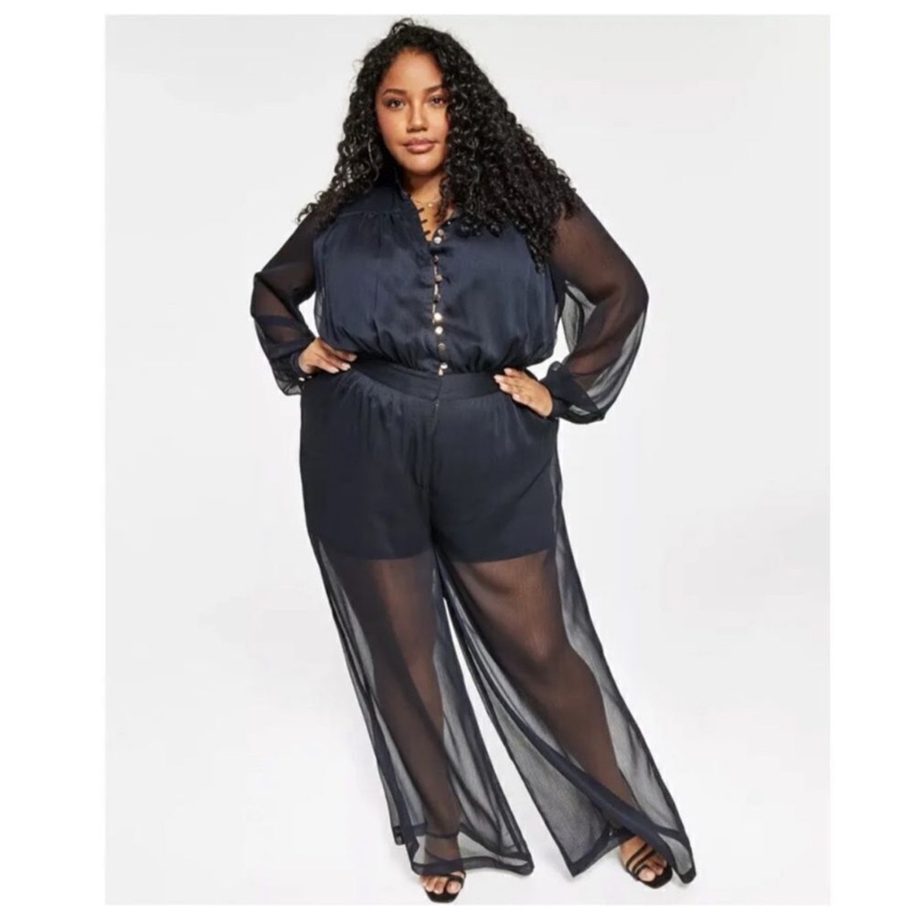 Nina Parker Black Chiffon Layered Jumpsuit wit Gold Button & Sheer Palazzo Pants